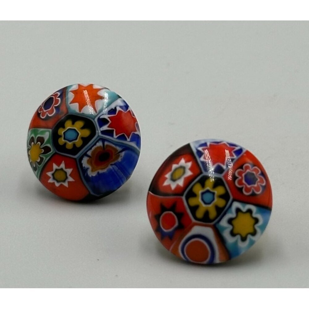 Vintage Millefiori Clip On Earrings Gold Tone Murano Glass Small Round 0.50"